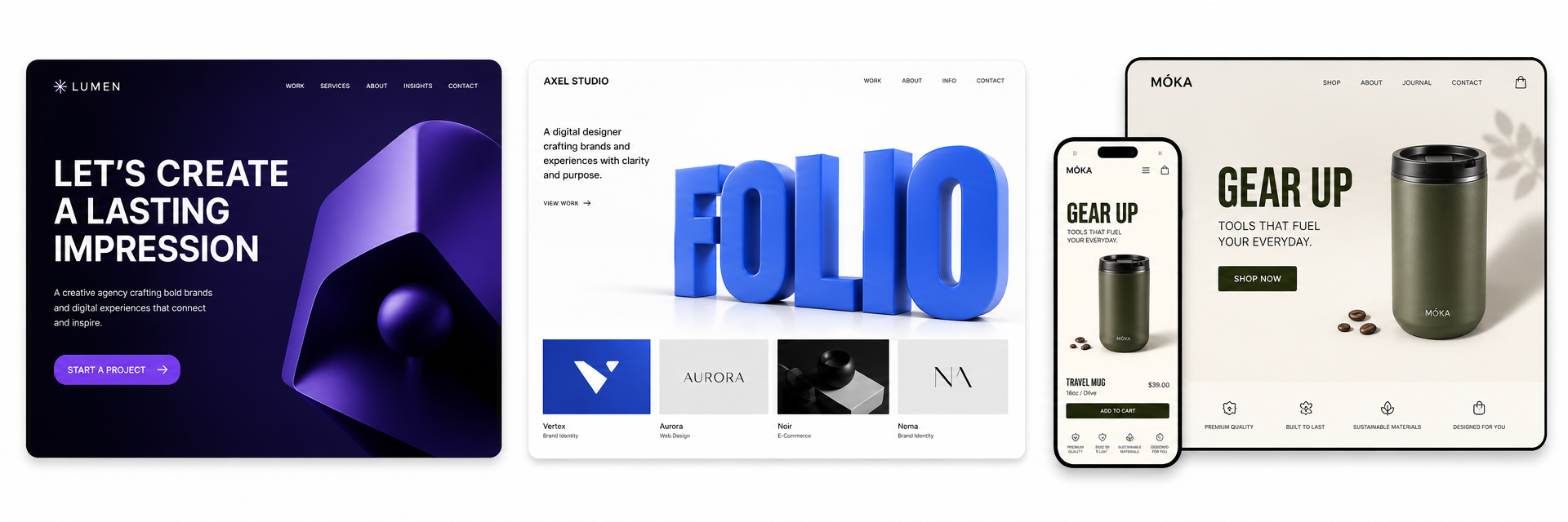 Wix Studio website mockups — creative agency, portfolio, and ecommerce designs